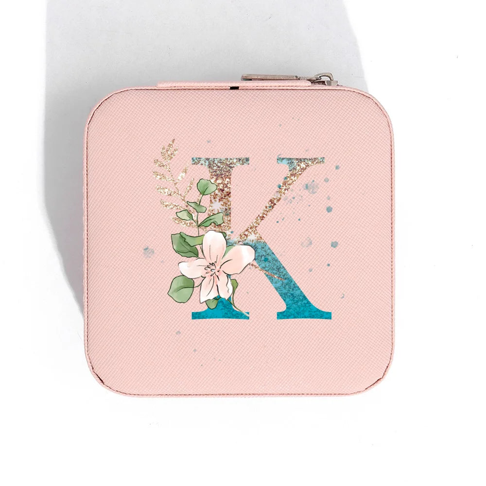 A-Z Alphabet Print Pink Travel Jewelry Organizer with Zipper Closure and Fabric Lining