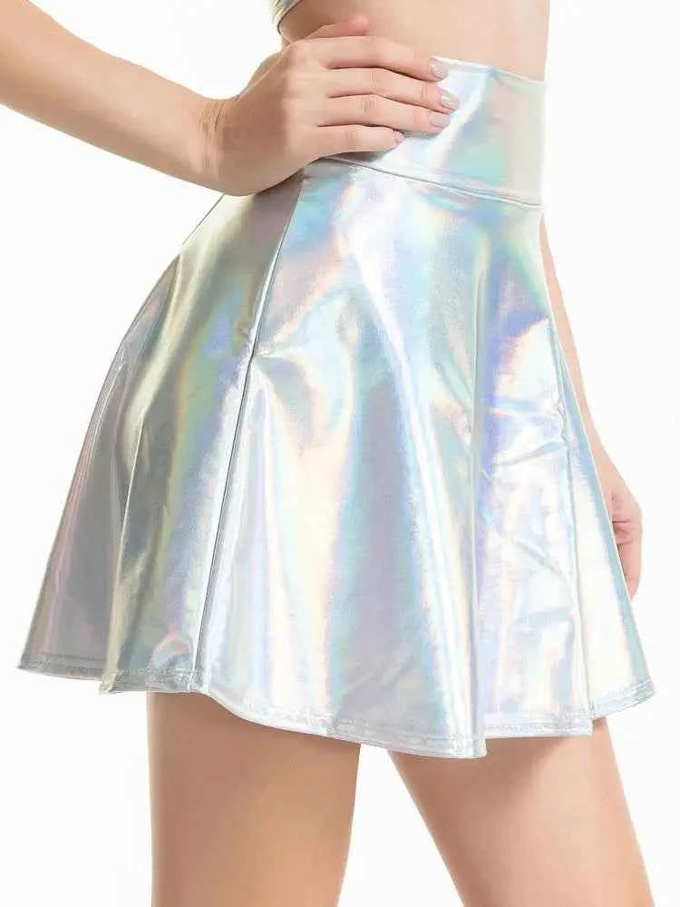 Women Pleated A-Line Skater Skirt Summer Shiny Metallic Holographic Mini Skirt Sexy Club Disco Harajuku Mini Skirt