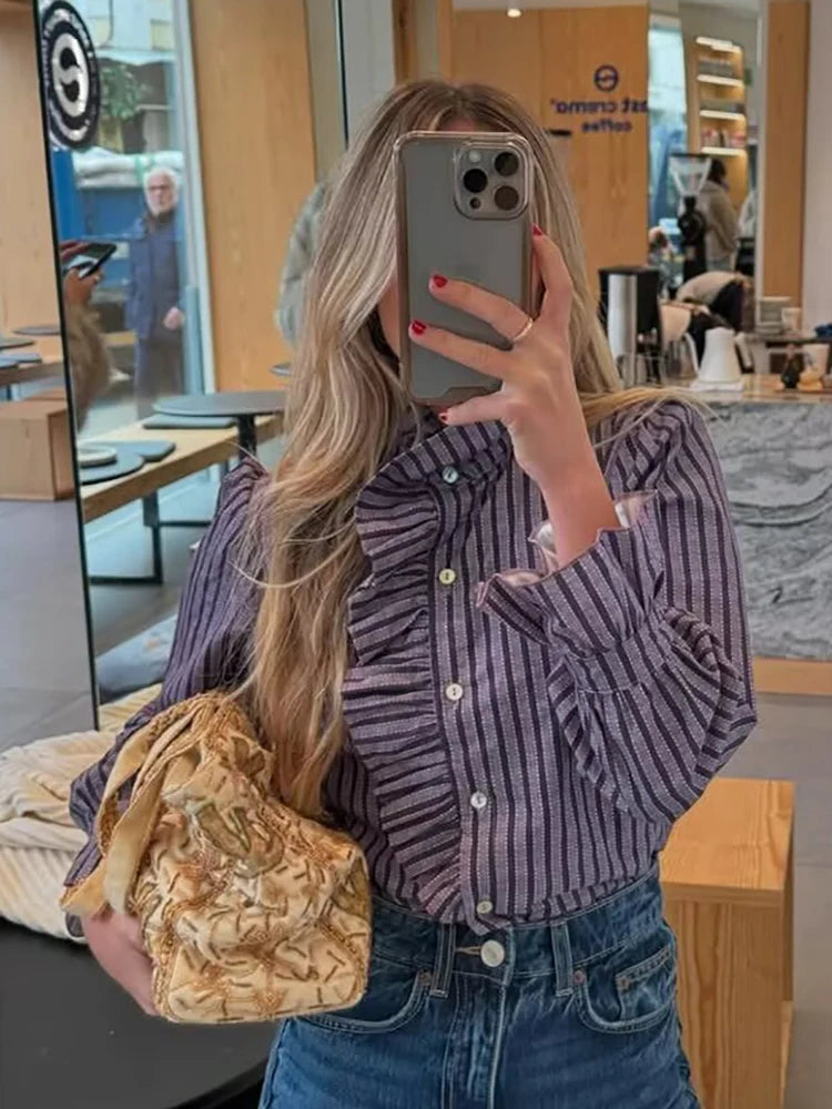 Sweet Women Ruffles Plaid Purple Shirts 2025 Fashion Ladies Casual Stand Collar Blouses for Party Female Elegant Tops Clothes