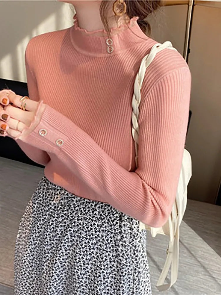 2026 Knitted Women Sweater O-neck Button Pullovers Autumn Winter Basic Sweaters for Female Pullover Slim Solid Bold Lace Tops