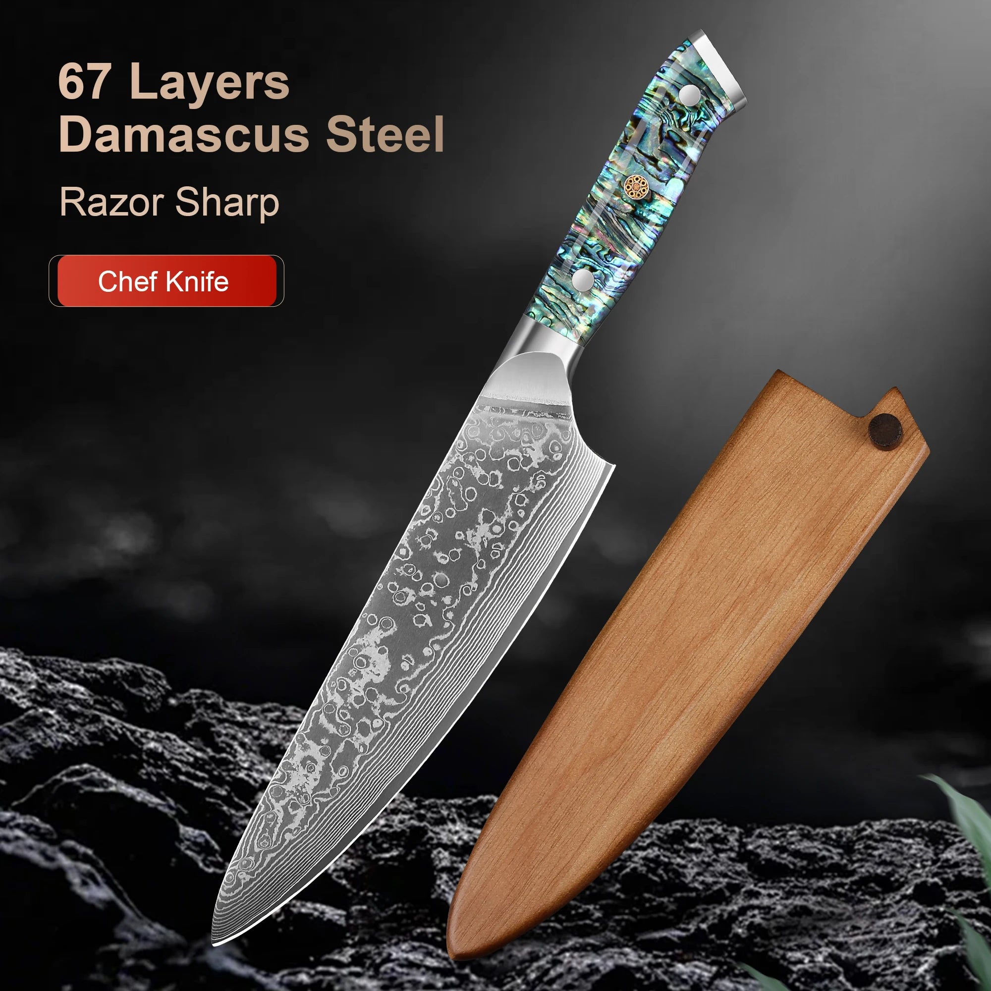 8' Kitchen Chef Knife Damascus Steel 67 Layer l Sharp Kitchen Cooking Knife Abalone Shell Handle