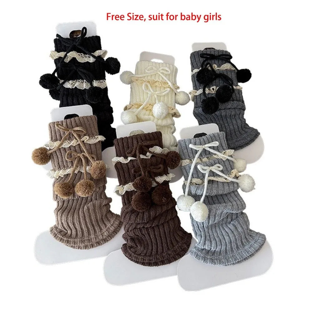 New Solid Color Leg Warmers Thickened Lolita Mid-Calf Sock Knitted Bow Pompom Hosiery Autumn and Winter