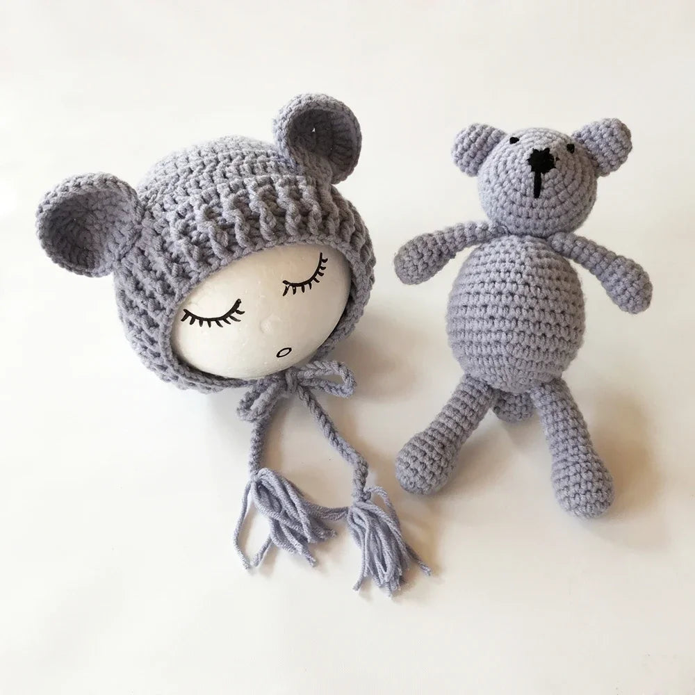 Newborn Photography Props Baby Bear Caps Rabbit Dolls Girls Boy Infant Baby Crochet Knitted Hat Photoshoot Accessories