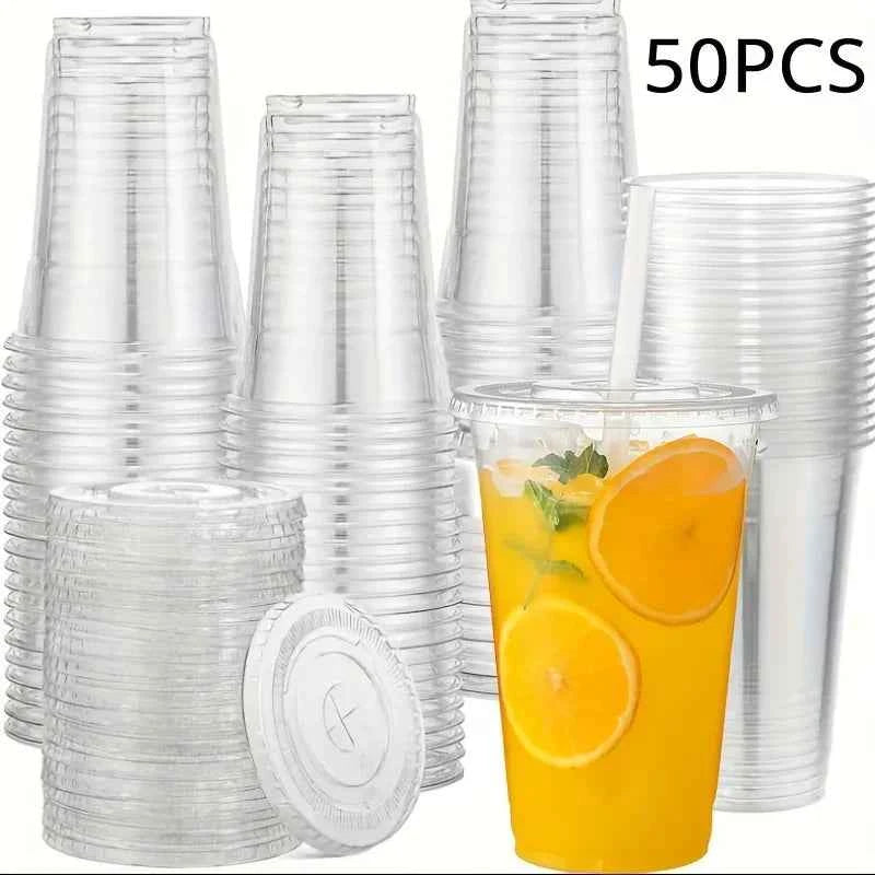 50pcs/Set 12/16OZ Plastic Cups With Lids Disposable Cups For Iced Coffee Smoothie Milkshake Cold Drinks Birthday Party Supplies