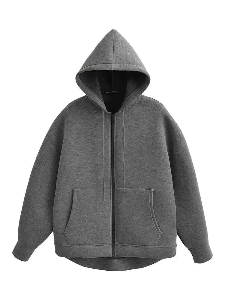 HH Winter New Women's Zipper Hoodie Coat High Street Double Pockets Jakcet Oversize Loose Sweatshirts Outerwear Top