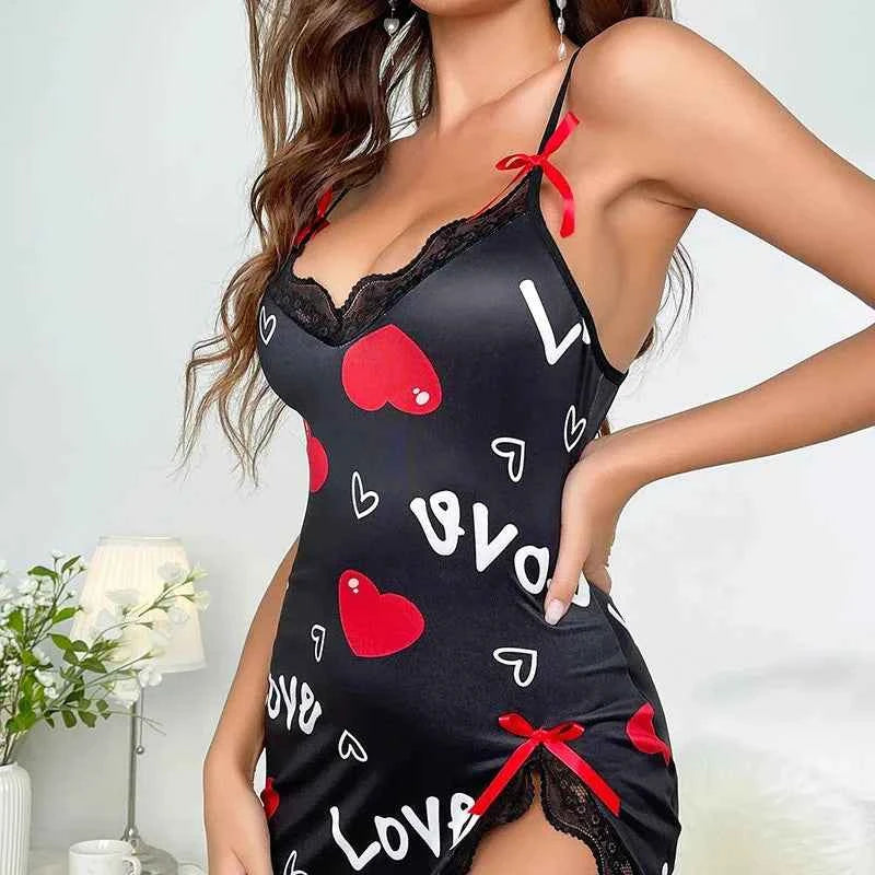 Lace Edge V-Neck Sling Side Split Sleepwear Women's Printed Love Letter Black Home Sling Dress Pajamas