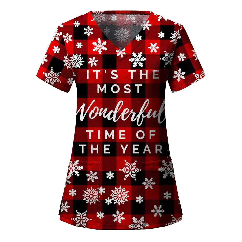 Womens Christmas Nurse T Shirt Print Short Sleeve V Neck Workwear With Pocket Working Nurse Work Wear Overalls Medical Uniforms