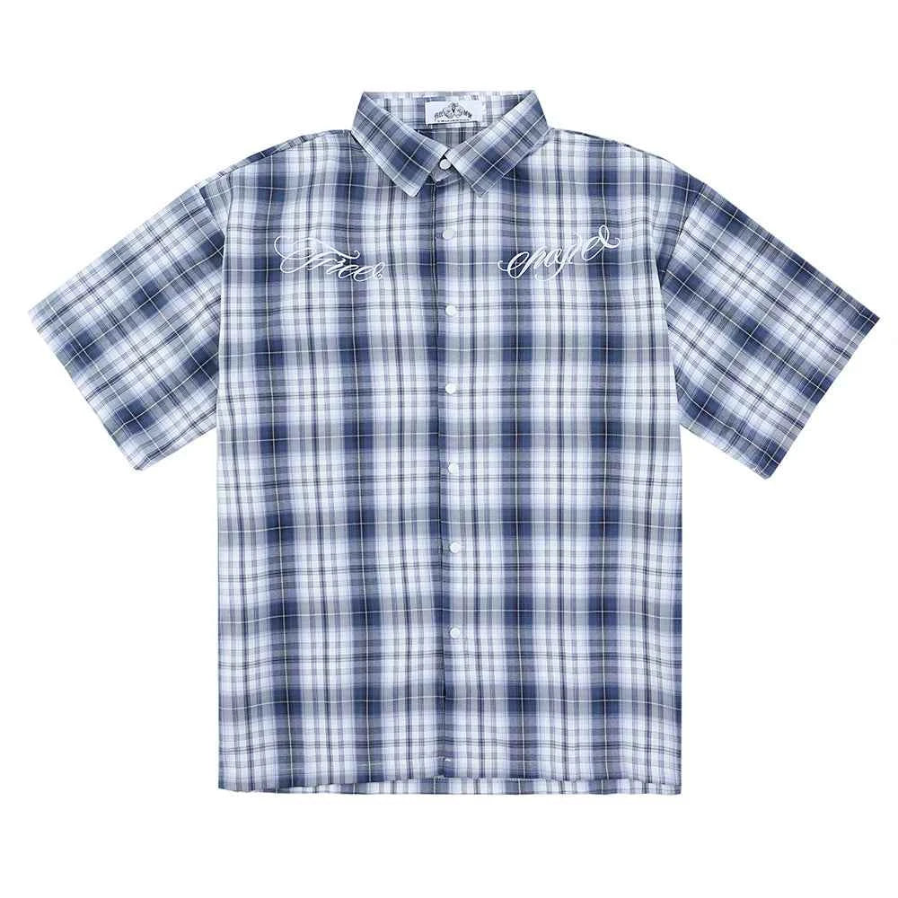 Summer Letter Eembroidery Short Sleeve Plaid Shirt for Men Harajuku Patchwork Hip Hop Overalls Streetwear Vintage Loose Tops