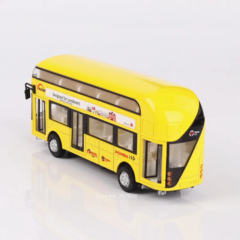1/36 Scale Double Decker Bus Toy Car Model Alloy Diecast Sound Light Pull Back Doors Opened Vehicles Collectibles Birthday Gift