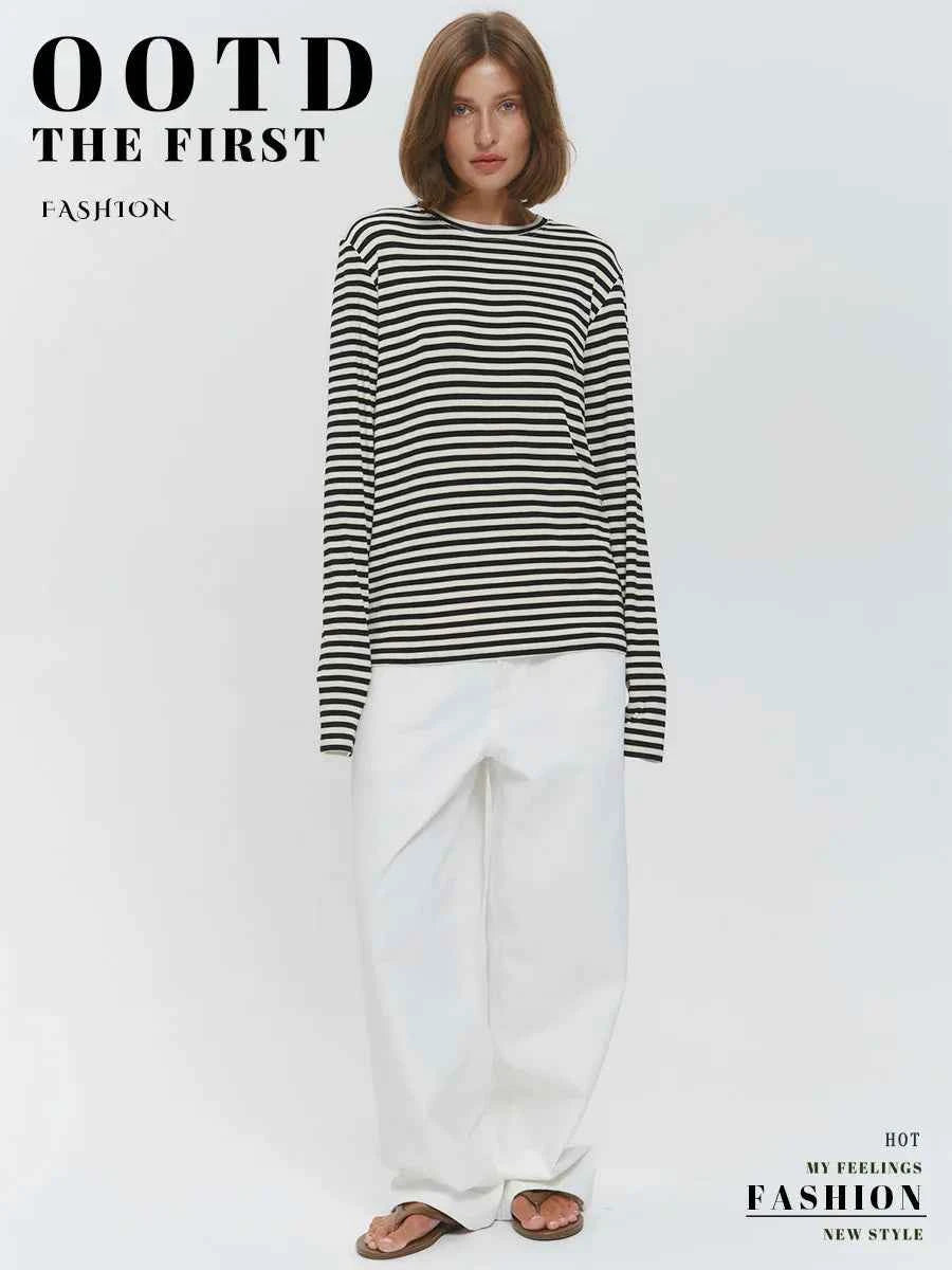 Bornladies Autumn New Fashion Women Cotton Striped Long Sleeve T Shirt Office Casual Simple Round Neck Pullover Tops & Tees