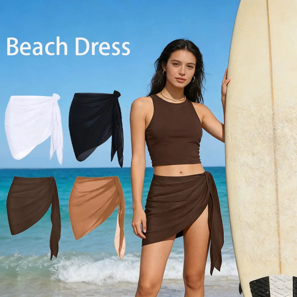 Summer Women Solid Color Short Bikini Wrap Chiffon Skirt Lightweight Scarf Swimsuit Hoodie Beach Swimming Hoodie Skirt