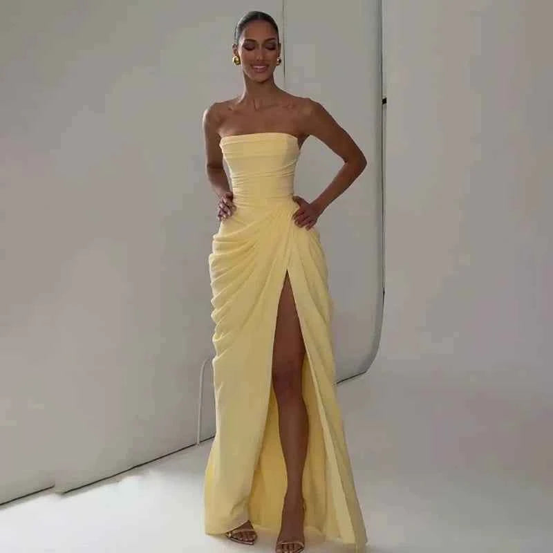 Women Sexy Solid Pleated Strapless Dress Lady Chic Off-shoulder Backless High Waist Split Dresses  Evening Party Gown 2026 New