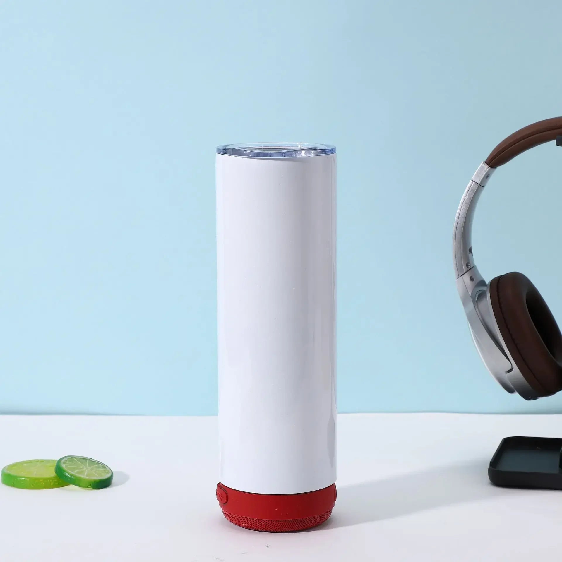 Music Speaker Tumbler with Straw and Lid 20oz Skinny Double Wall Stainless Steel Music Cup with Detachable LED Bluetooth Speaker