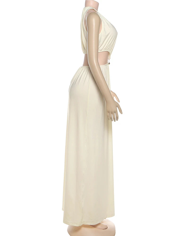 Sisterlinda Metal Patchwork Waistless Long Dresses Women o-Neck Sleeveless Summer Vacation Y2K Style Ruched Elegant Vestidos