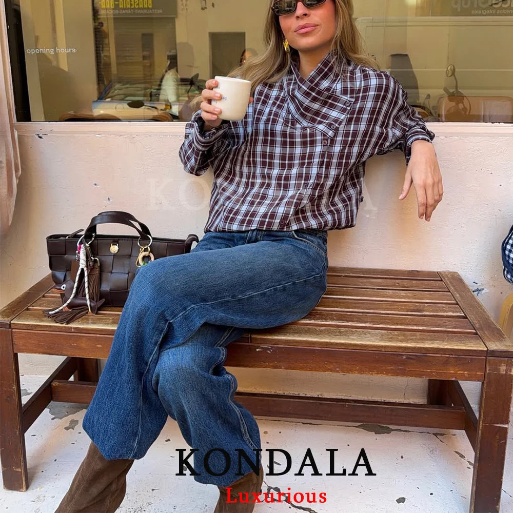 KONDALA Streetwear Casual Chic Women Blouse Plaid Stand Collar Single Breasted Blouse Fashion 2026 Spring Summer Holiday Blouse