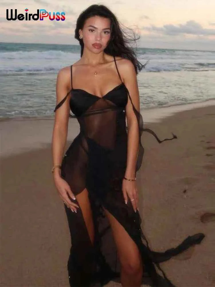 Weird Puss See Through Dress Woman Summer Sexy Spaghetti Straps Patchwork Irregular Tassel Splits Swimsuit Beach Skinny Vestidos