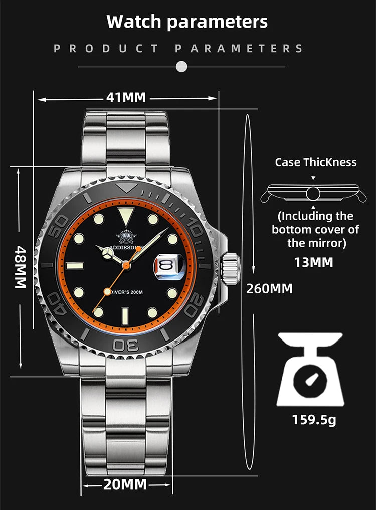 ADDIESDIVE Top Brand Mens Quartz Watches 41mm Stainless Steel Calendar Display Luxury Watch Luminous 200m Dive Casual Wristwatch