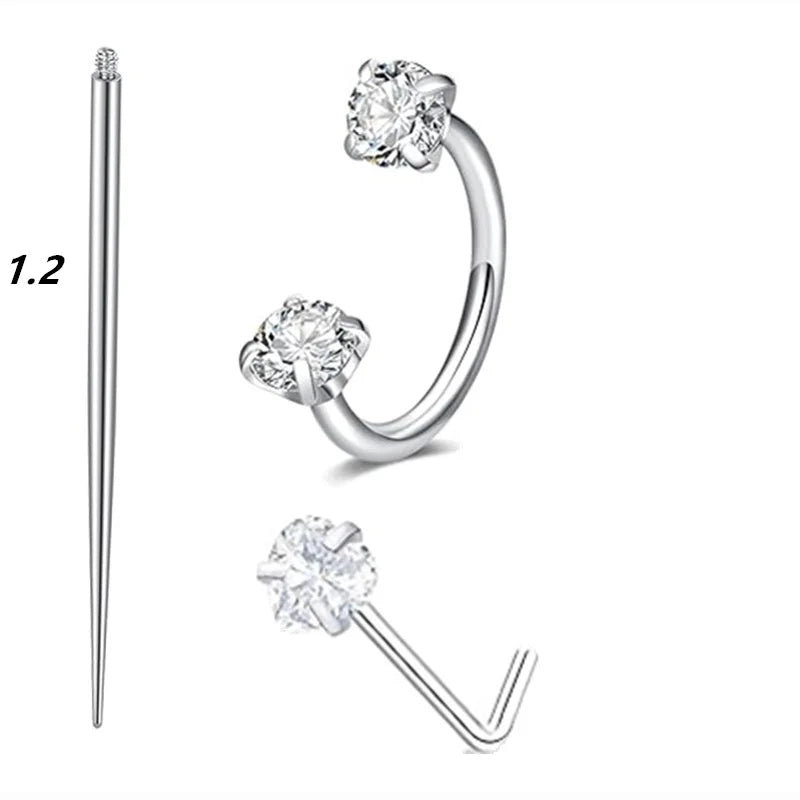 3PCSA Metal color Stainless Steel Nose Ring Set With CZ Studs & Horseshoe