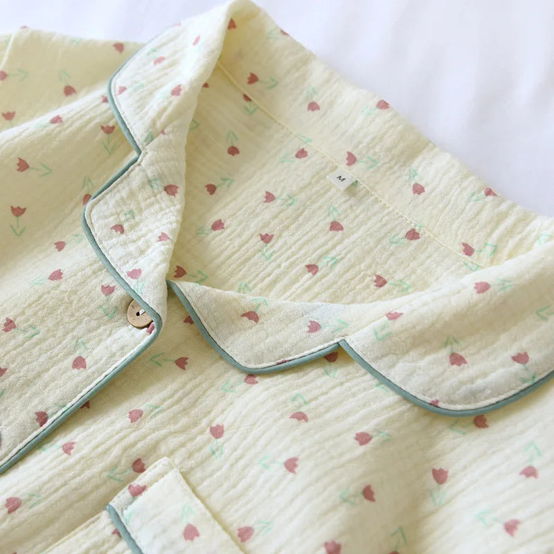 2025 Summer Women Pajamas Cute Tulip  Printing Sleepwear 100% Cotton Gauze Female 2 Piece Set  Nightwear Pyjamas Loungewear