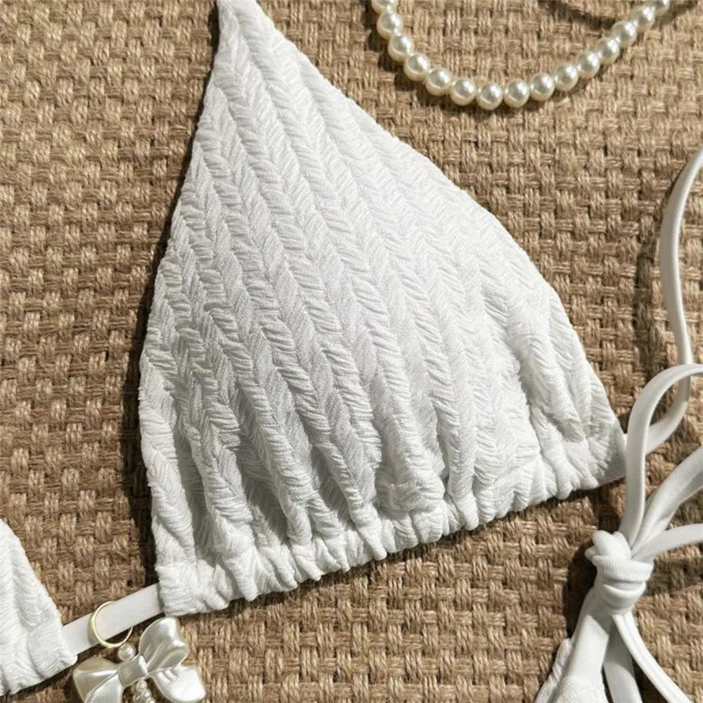 Yellow Halter String Triangle Micro Bikini Thong Solid Swimwears Bow Pearl Sexy Swimsuit Women Bathing Suit Bikinis Sets 2026