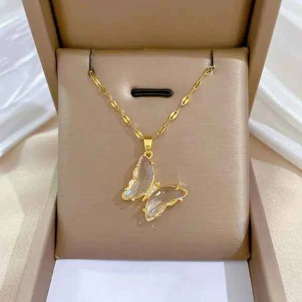 Exquisite Micro Inlaid Zircon Butterfly Tassel Necklace For Women Stainless Steel Moon Butterfly Flower Clavicle Choker Jewelry