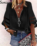 Sexy Lace Patchwork Flared Sleeve Mesh Solid Shirt Blouse 2022 Summer Women Zipper V-Neck Loose Casual Tops T-Shirt Streetwear