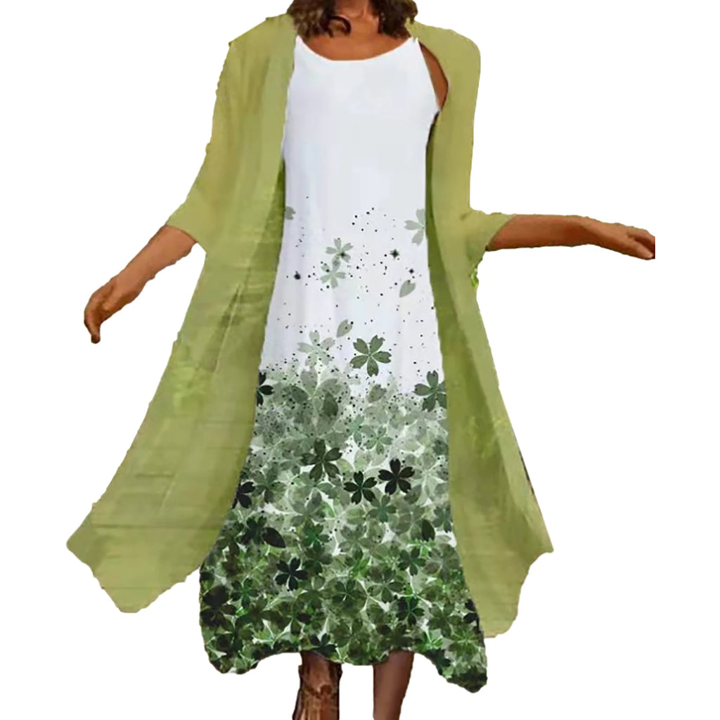 2024 Europe and the United States spring and summer new women's two-piece set of printed round neck long skirt chiffon pocket ou