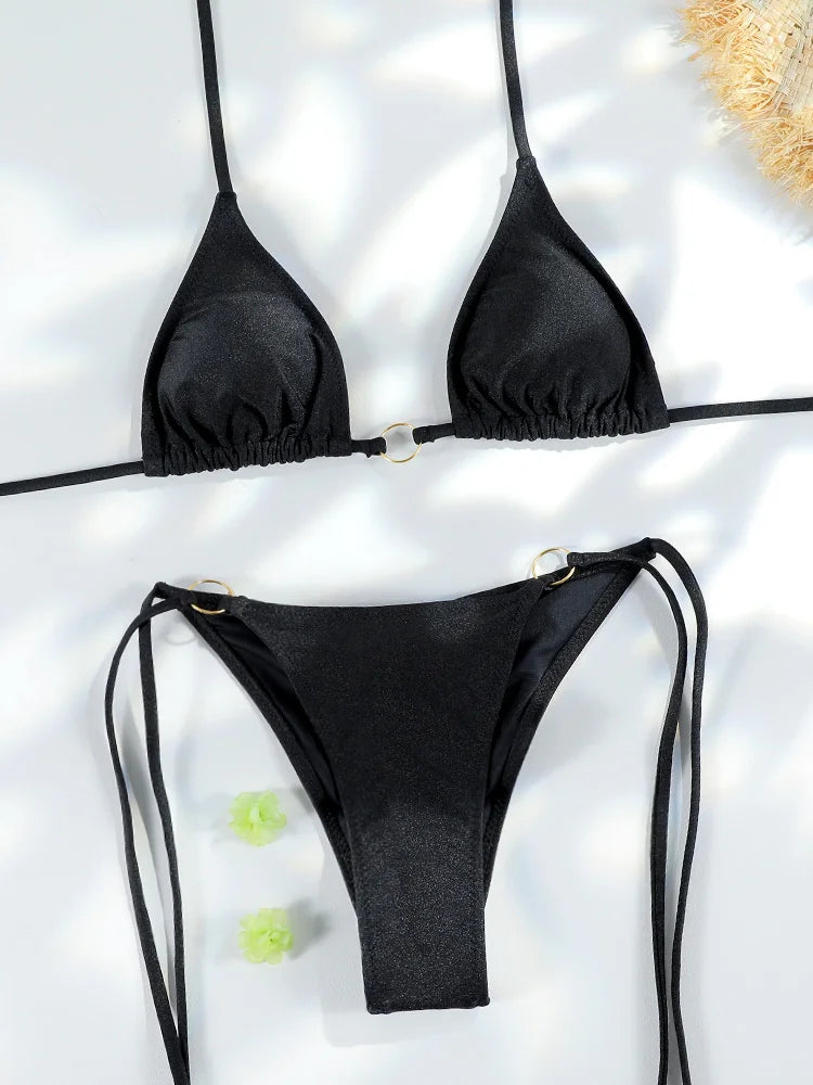 Sexy Bikinis Micro Thongs Swimsuit Women Bathing Suit Rings Biquini Bandage Beachwear Print Swimwear Sexy Bikini Sets With Chain