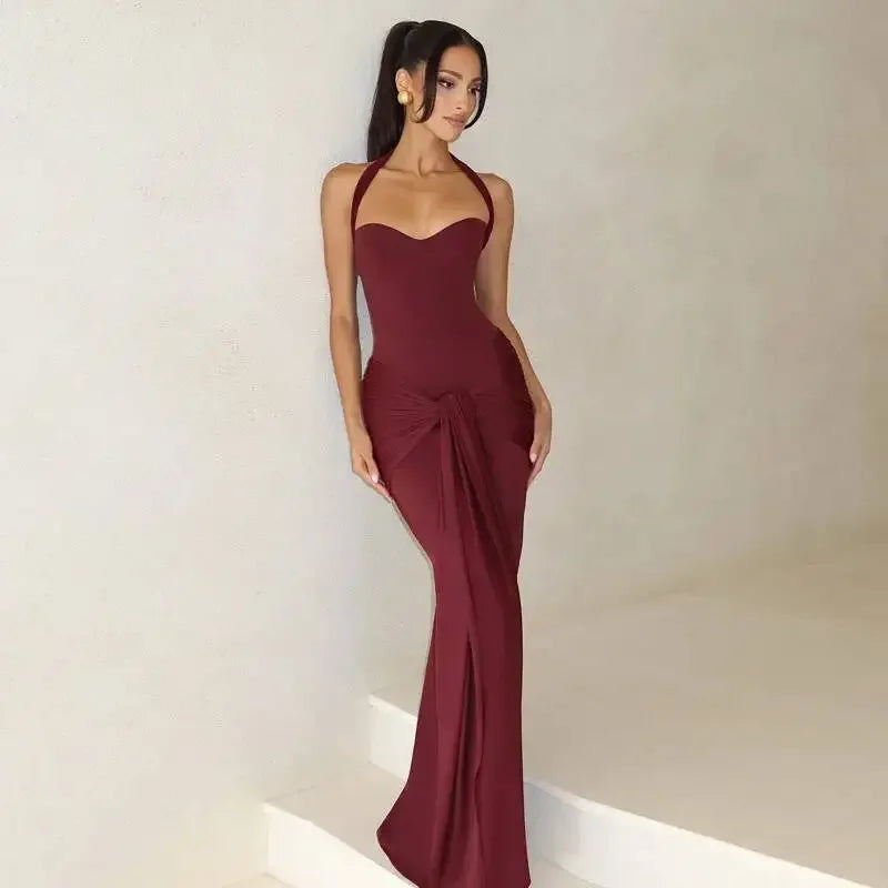 Sexy Backless Lace Up Halter Neck Maxi Dress Women Sleeveless Ruched Waist Draped Bodycon Dresses Party Evening Cocktail Robes