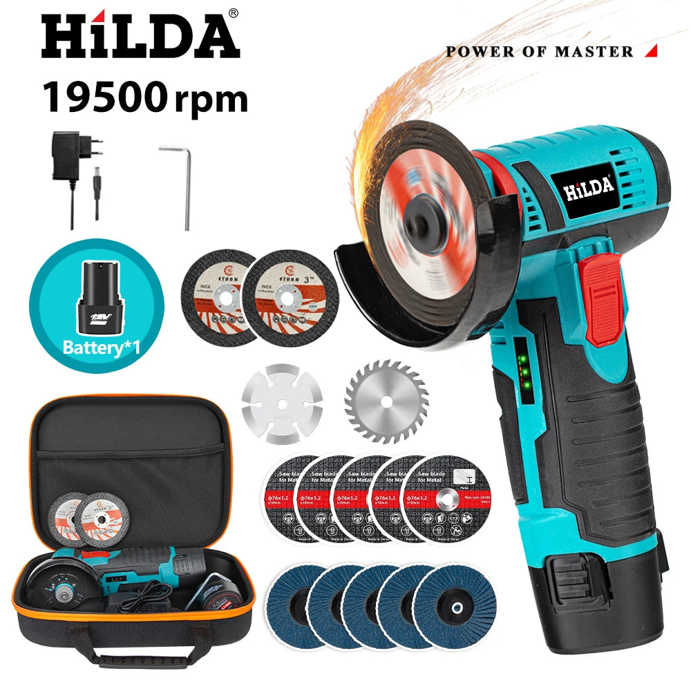 HILDA 3 inch 12V Miniature Rechargeable Angle Grinder with Battery Cutting Blade Polishing Grinder for Cutting Diamond Cordless