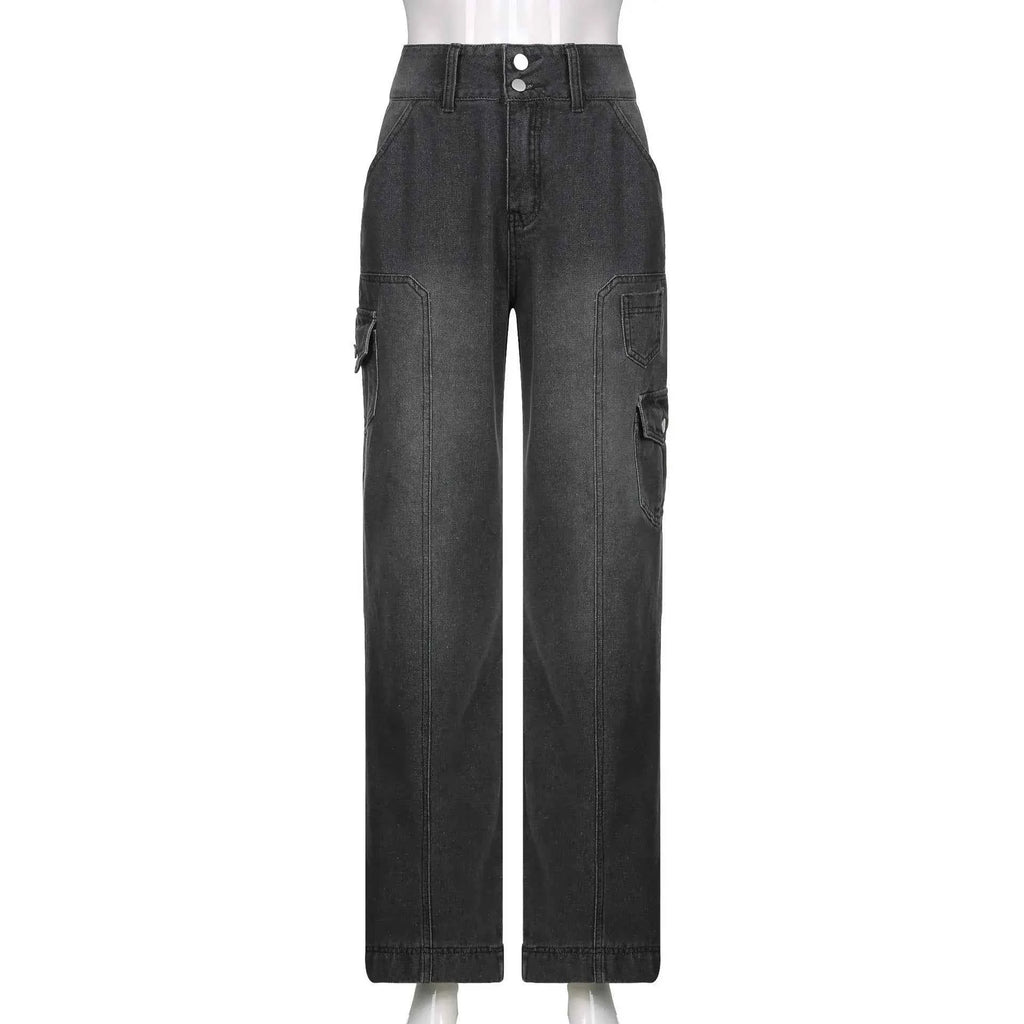 New Street High Waist Straight Leg Casual Jeans with Irregular Pockets Work Clothes Floor Towers  Dad's Pants