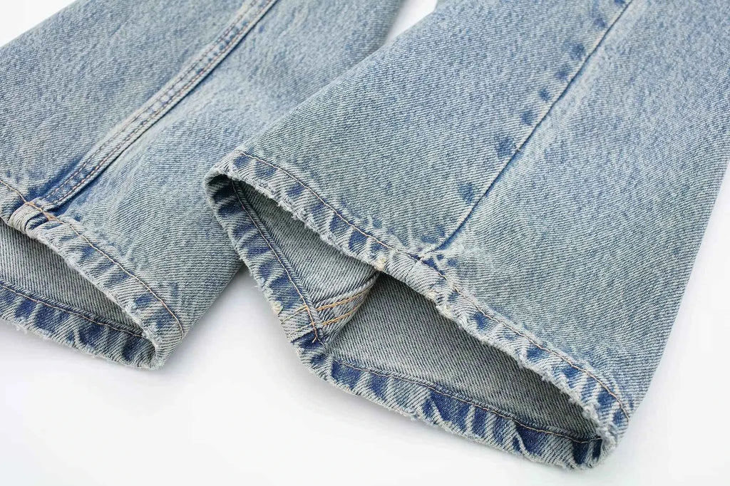 HH 2024 Women's Street Fashion Denim Blue Jeans Distressed Patchwork High Waist Zipper Fly Ripped Retro Long Pants
