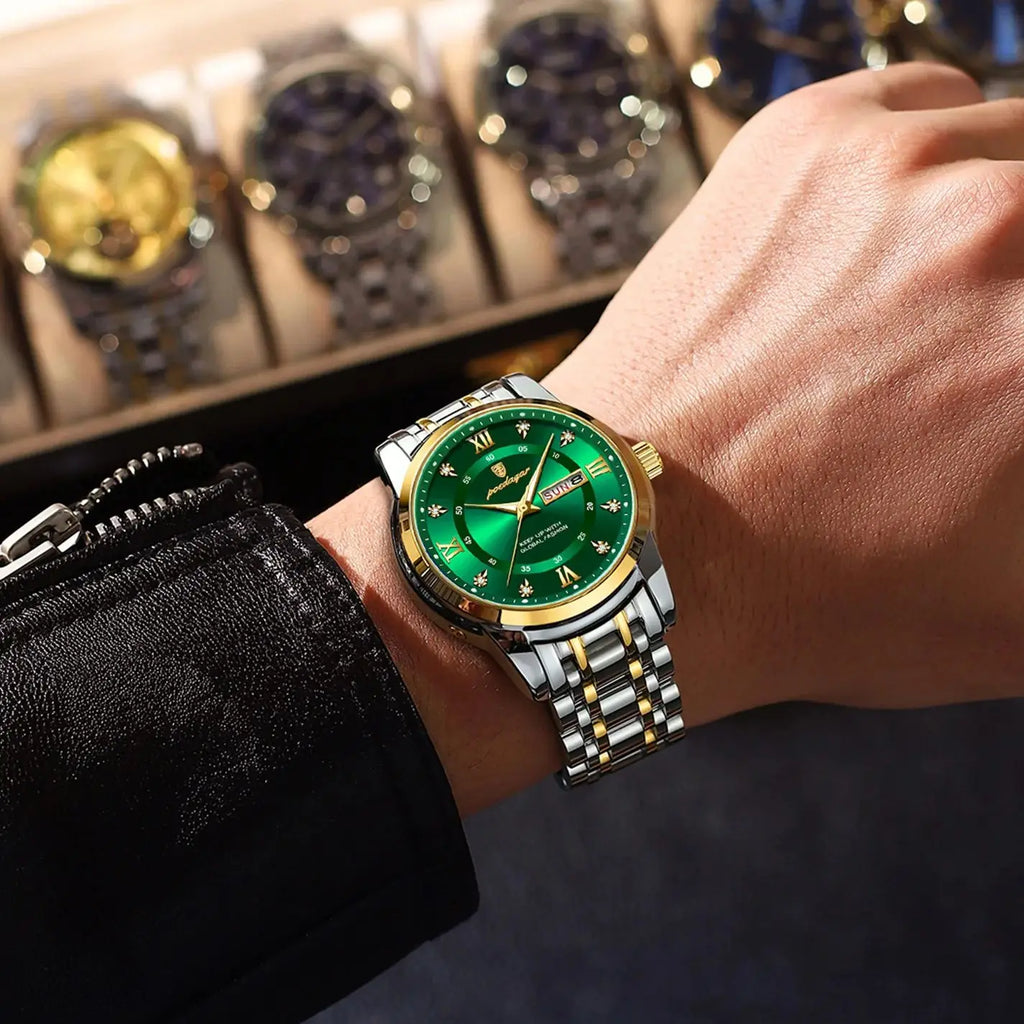 POEDAGAR Original Classic Man Watch Waterproof Luminous Date Week Watches for Men Quartz Stainless Steel Luxury Men's Wristwatch