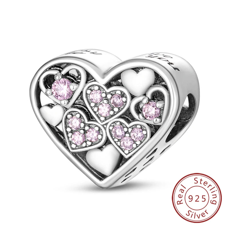 Original 925 Sterling Silver Charm Bead Mother's Day Love Heart Family Charm Bead Pendant Fits Bracelet Womens Jewelry Gifts