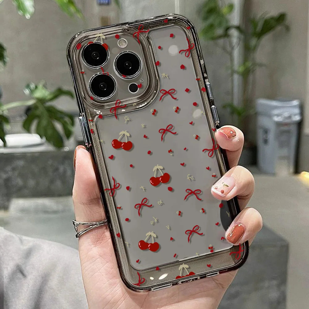 Cute Bow Cherry Phone Case For iPhone 16 Pro Case iPhone 15 13 17 11 12 14 Pro Max 16E XR XS 7 8 Plus SE Shockproof Clear Cover