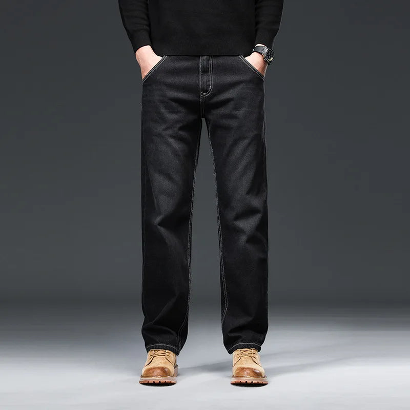 2026 Men Jeans 100% Cotton Thick Straight Plus Big Size 42 44 46 48 140KG Loose Classic Black Denim Trousers Casual Pants