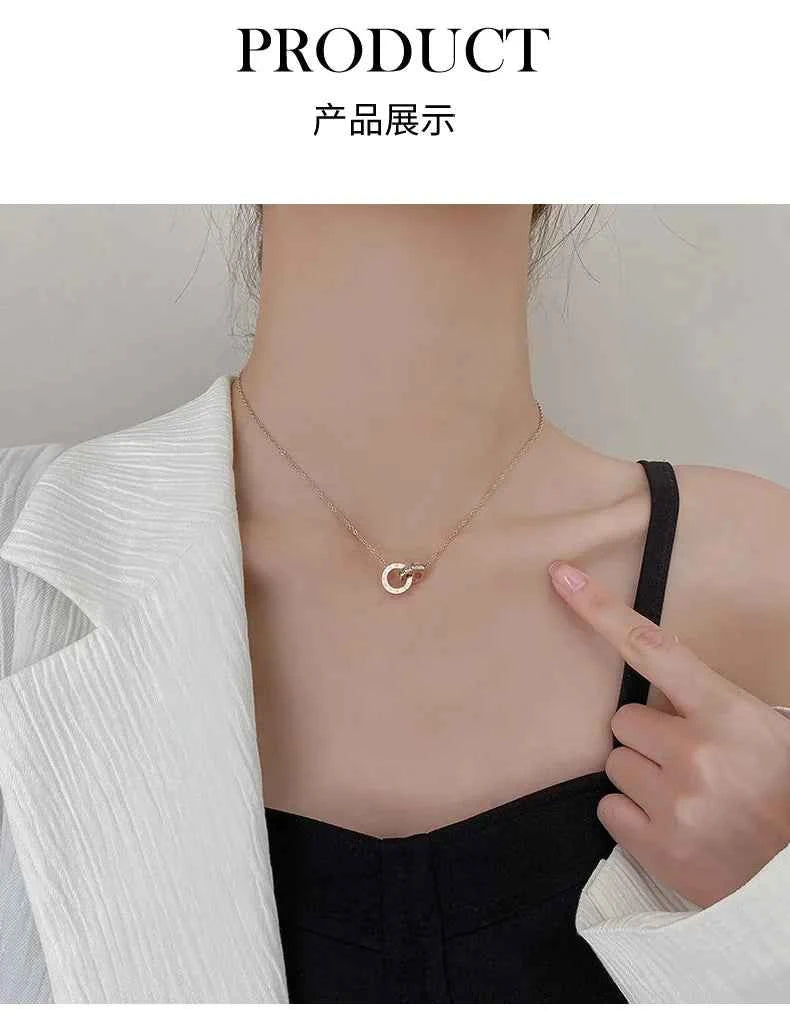 L91 new stainless steel rose gold square diamond Roman numeral double-buckle short necklace
