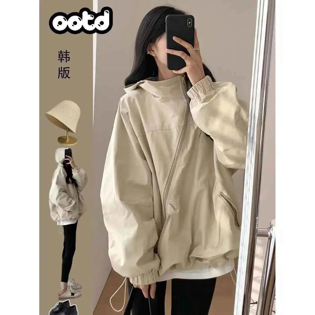 Women Hooded Jackets Diagonal Zipper Design Vintage Autumn Baggy Fashion BF Style Outdoor Chaqueta Mujer Leisure All-match Lady