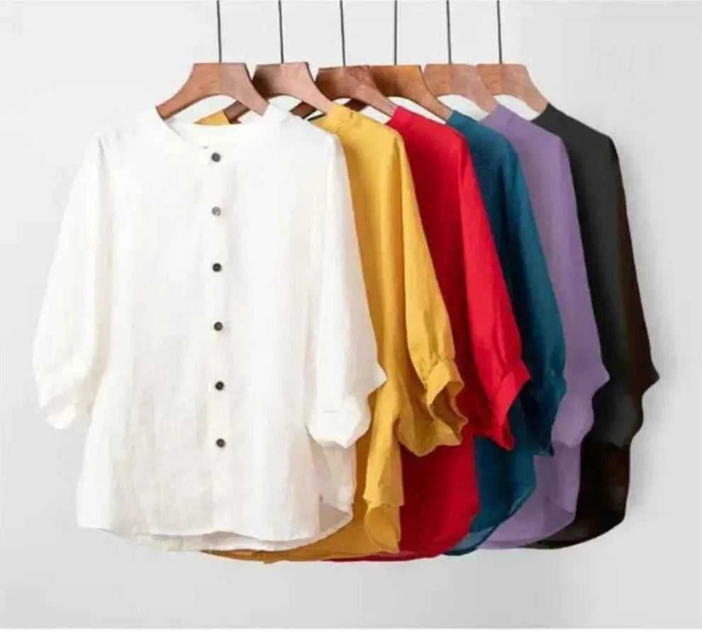 Cotton and linen shirt women's spring and summer thin solid color lantern sleeve stand collar top loose large size shirt