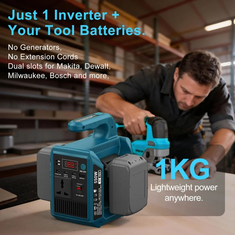 Portable Power Inverter for 18V Batteries – 550W AC & USB