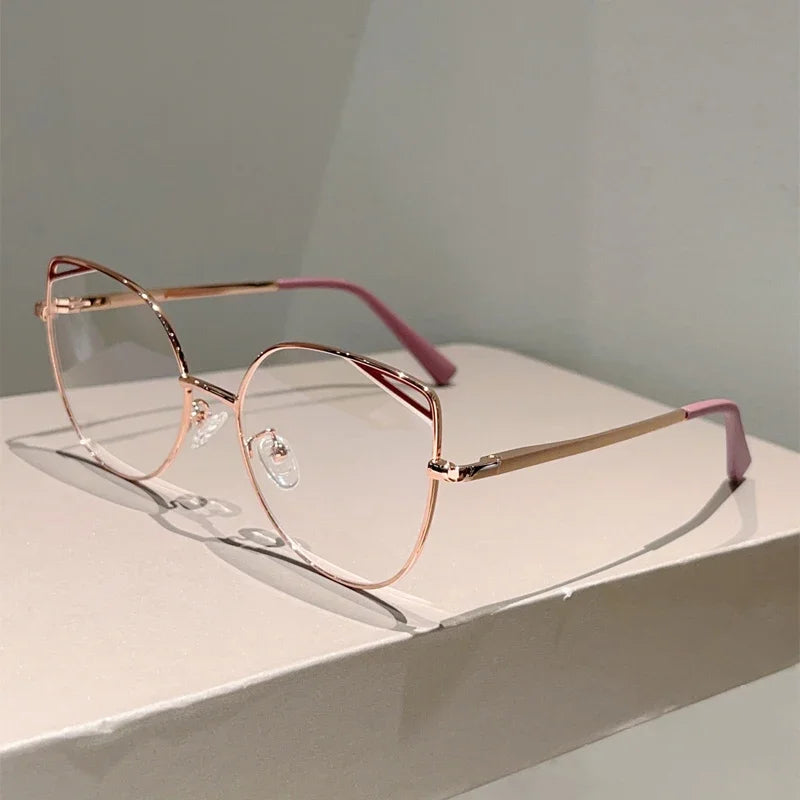 KAMMPT Oversized Cat Eye Glasses Women New Vintage Metal Rim Blue Light Blocking Eyeglasses Trendy Fashion Design Optical Frames
