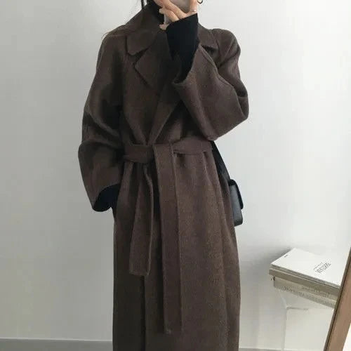 Chic Thick Warm Lapel Lace-up Pockets Loose Woolen Coat 2025 Autumn Winter New Korean Female Long Oversize Casual Women Clothes