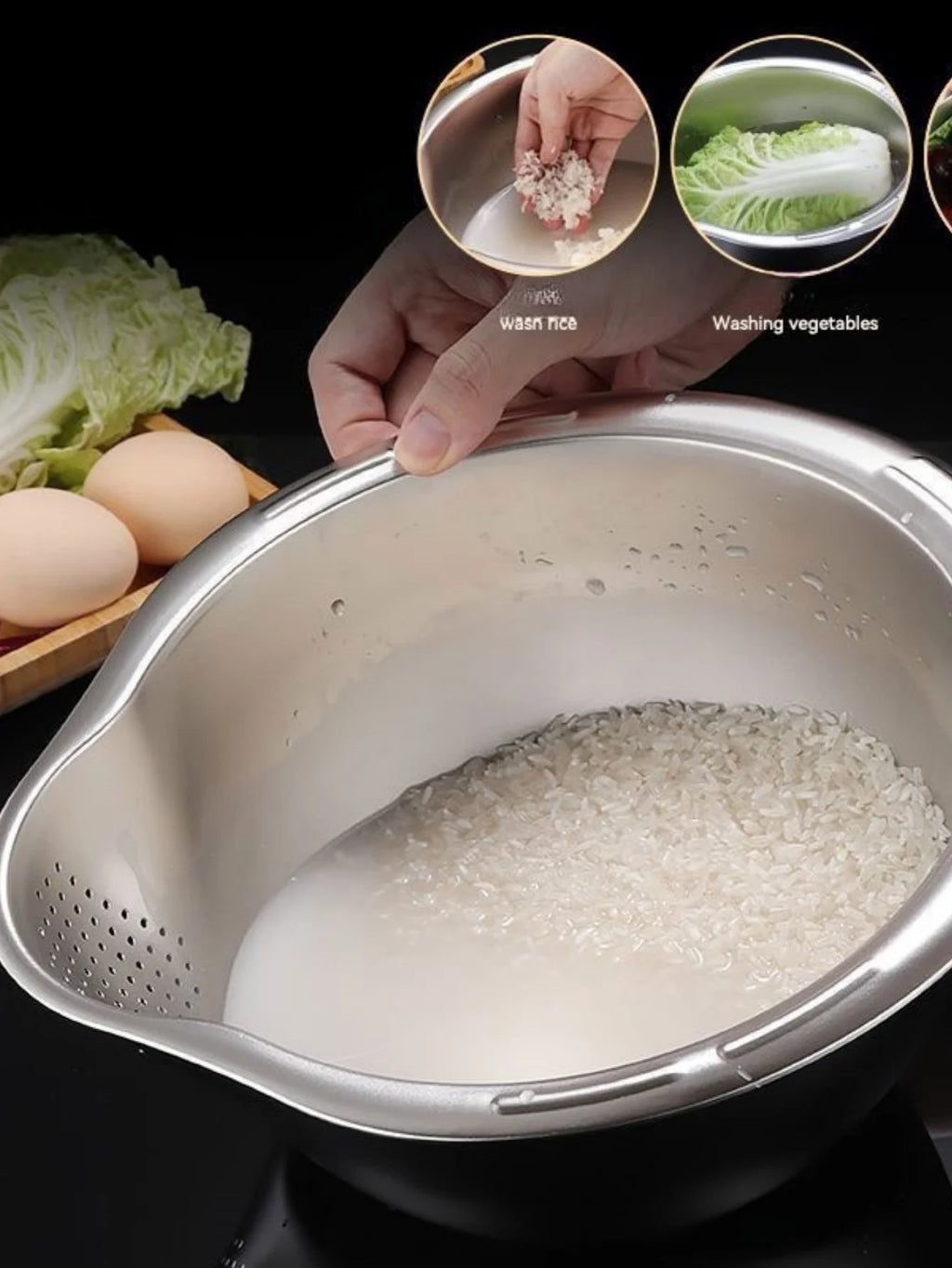 Rice Washer Strainer Bowl Stainless Steel Rice Washing Bowl Rice Sieve Colander Fruit And Vegetable Strainer Kitchen Tools