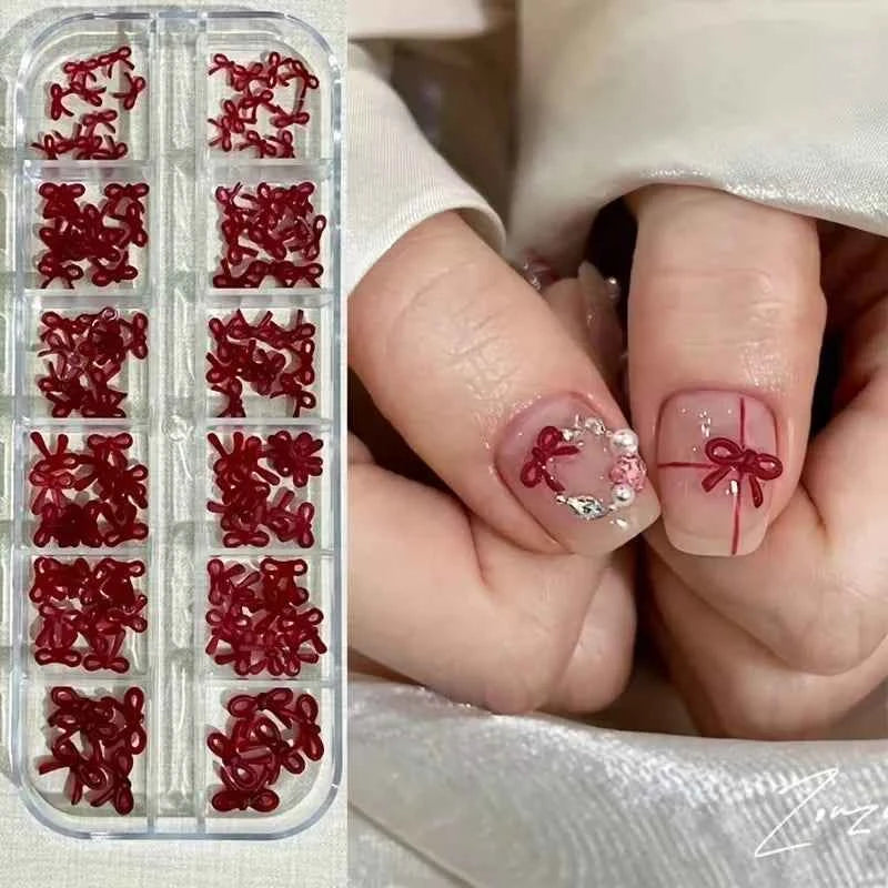 12/16 compartment burgundy bow nail art decorations, New Year's Valentine's Day accessories, nail accessories