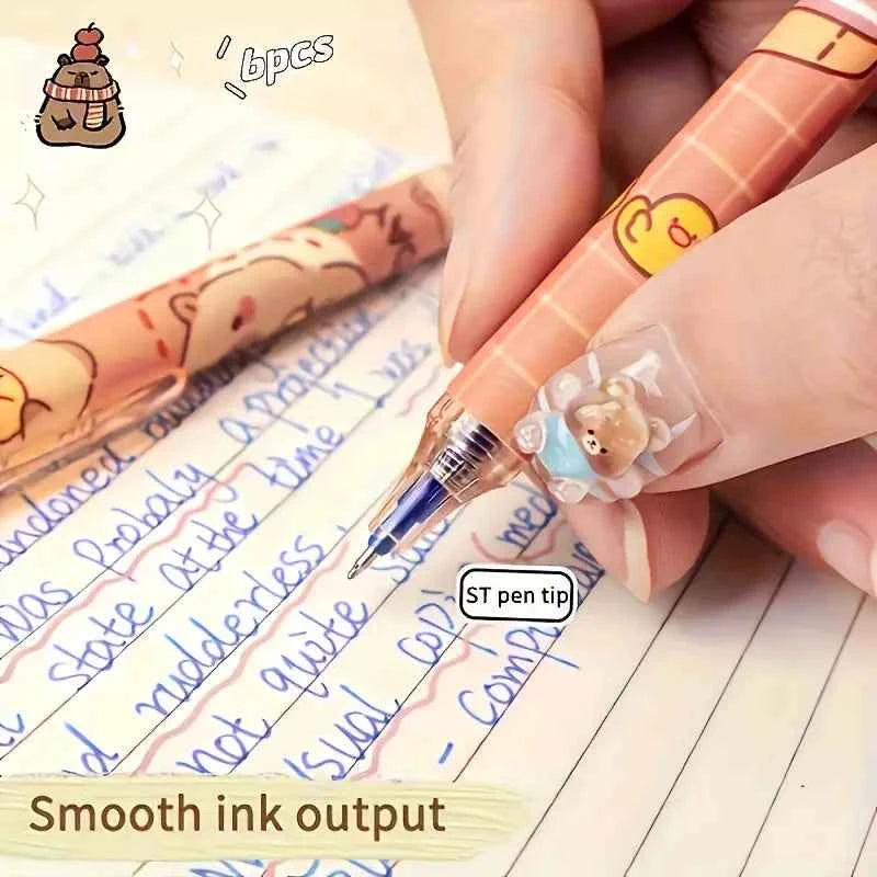 6pcs Cute Capybara Erasable Gel Pens | 0.5mm Retractable Blue Ink for School & Office | Smooth Writing & Quick-Drying (6 Colors)