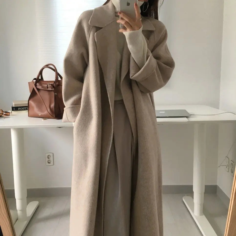 Chic Thick Warm Lapel Lace-up Pockets Loose Woolen Coat 2025 Autumn Winter New Korean Female Long Oversize Casual Women Clothes