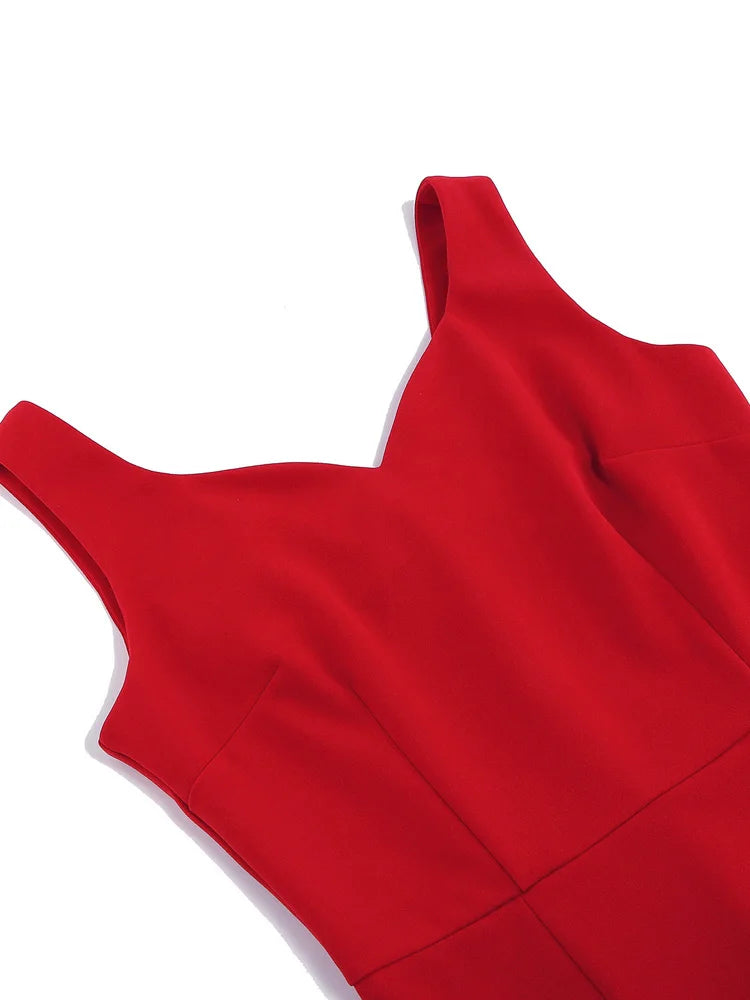 Tonval Sweetheart Neck Sleeveless Office Midi Pencil Dresses for Women 2023 Vintage Red Solid Elegant Slim Bodycon Dress