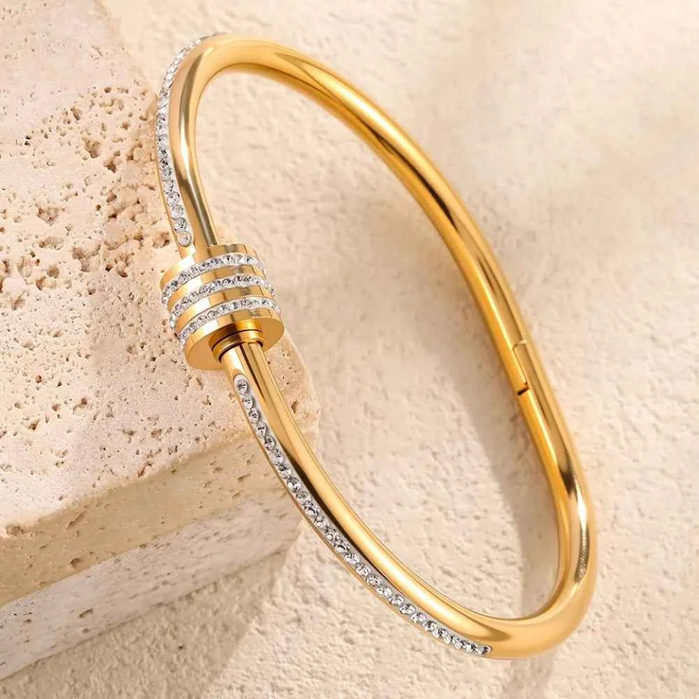 Yupsk Titanium Steel Couple's Bracelet Shiny Zircon Inlaid Stainless Steel Bangles Gold/Silver Color Female Jewelry Gift