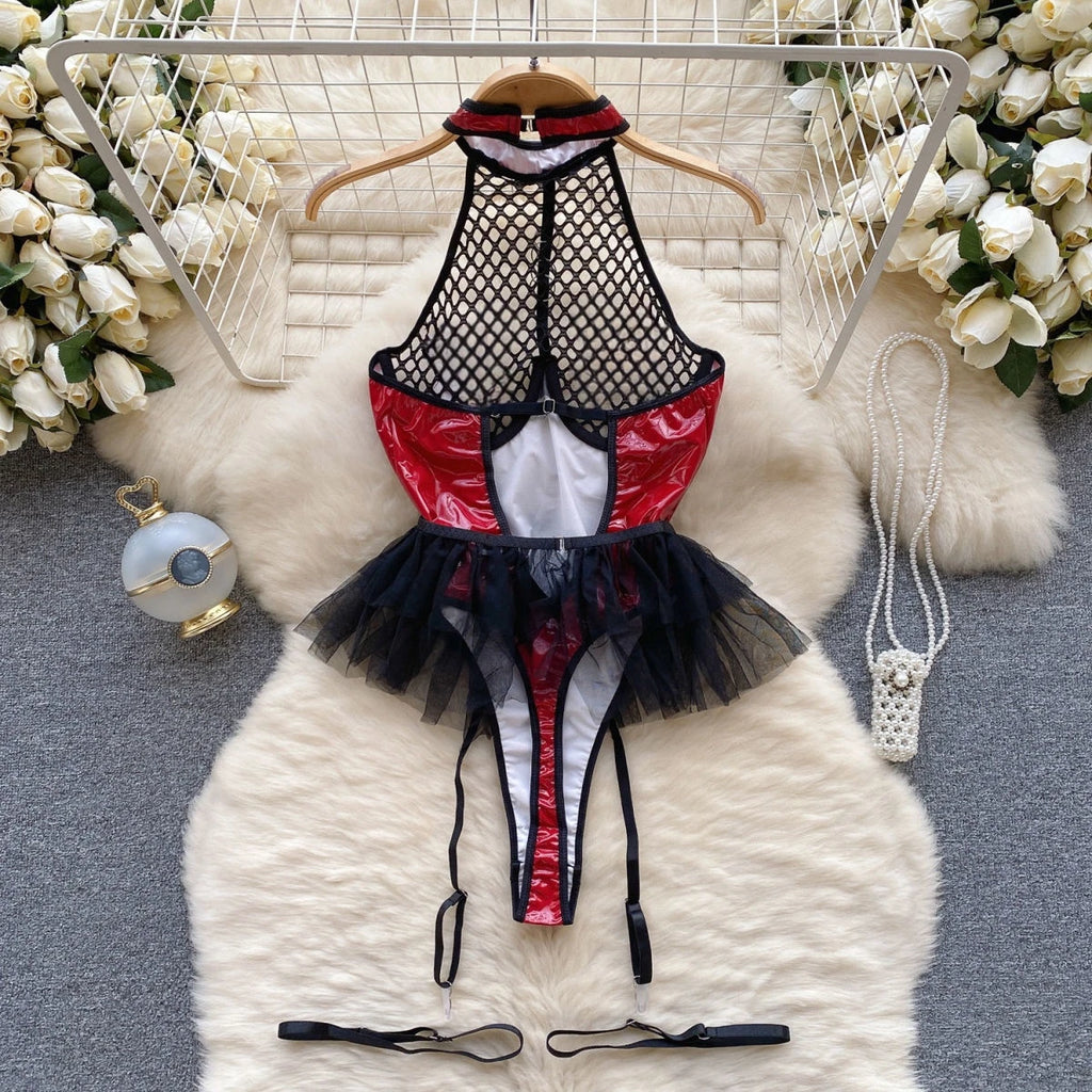Hotsweet Women's Streetwear Mesh Patchwork Black Red Lady's Bodysuit Backless Sleeveless Halter Female Cool Wear Sexy Party Top