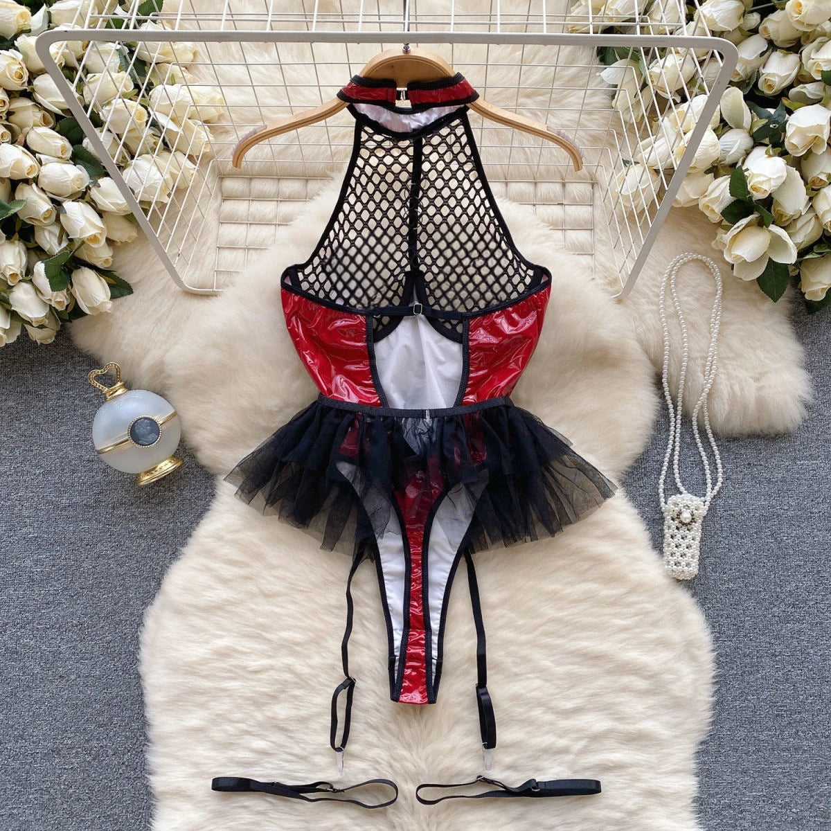Hotsweet Women's Streetwear Mesh Patchwork Black Red Lady's Bodysuit Backless Sleeveless Halter Female Cool Wear Sexy Party Top